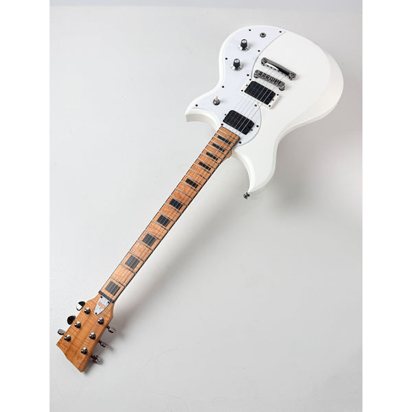 Cyclops DE - Matte Pearl White Flame Neck — white pearl on body, natural neck and headstock